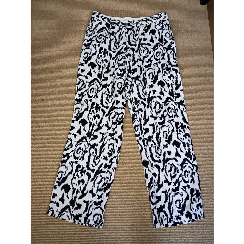 Madison 100% Linen Pants Size 12 Black and White Floral Elastic Waist